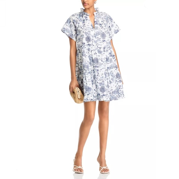 AQUA Toile Print Short Sleeve Mini Dress – White/Blue – XS – NWT $98 - Picture 1 of 5
